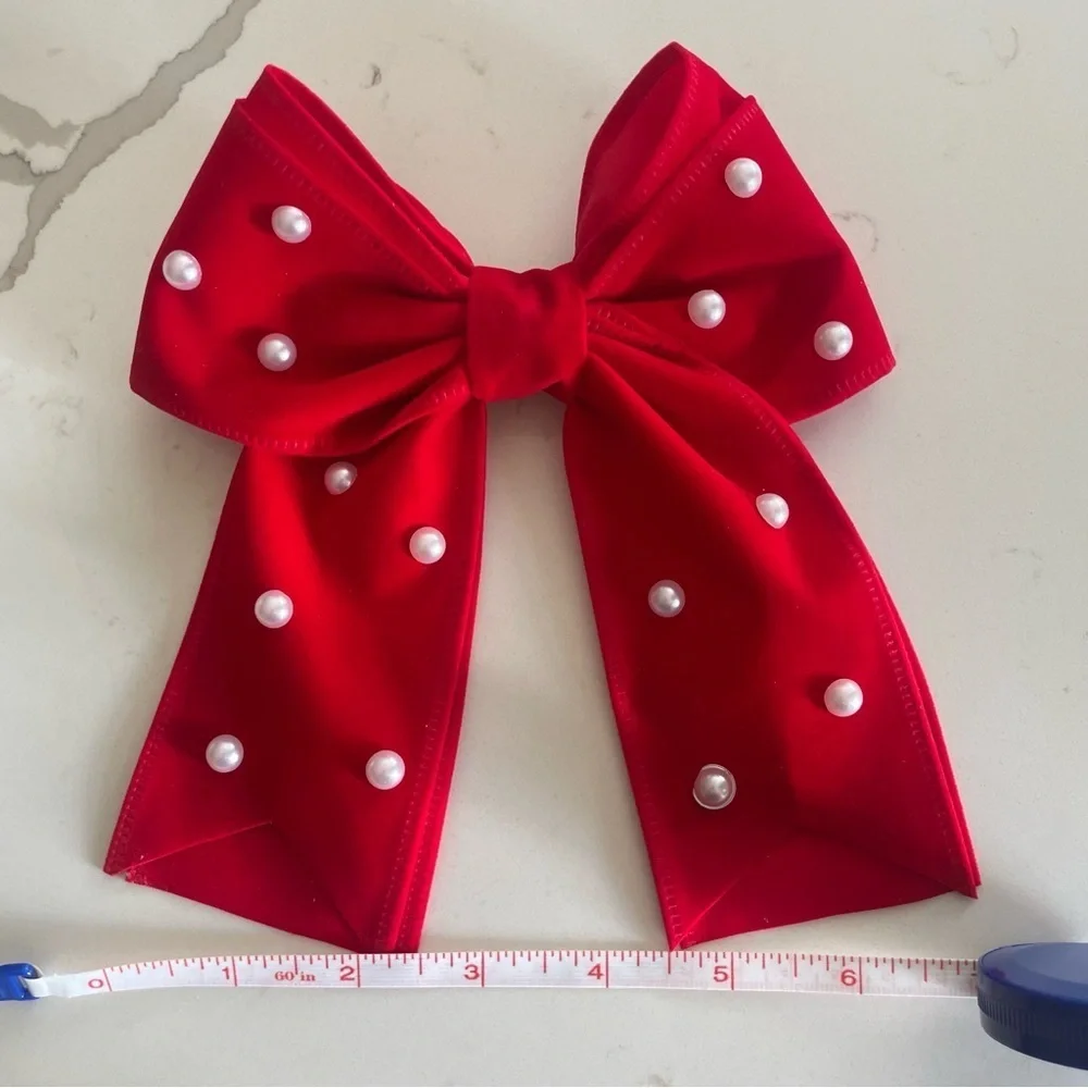 New Elegant Red velvet Bow with Pearls for Kids clip on formal holiday events